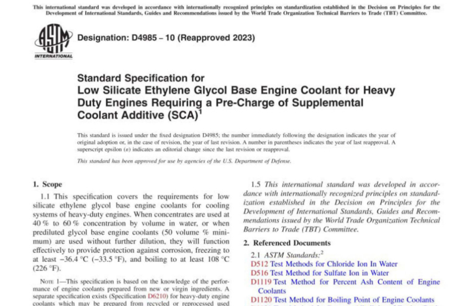 ASTM D4985-10(2023) pdf free download,Standard Specification For Low Silicate Ethylene Glycol Base Engine Coolant For Heavy Duty Engines Requiring A Pre-Charge Of Supplemental Coolant Additive (SCA)